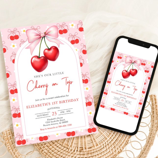 Coquette Pink Bow Cherry Birthday Invitation (Creator Uploaded)