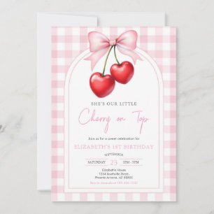 Coquette Pink Bow Cherry Birthday Invitation