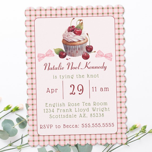 Coquette Pink Bow Cherry Cake Cute Bridal Shower Invitation (Creator Uploaded)