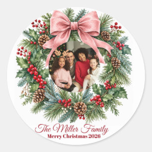 Coquette Pink Bow Christmas Photo Ornament Classic Round Sticker