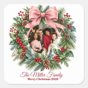 Coquette Pink Bow Christmas Photo Ornament Square Sticker