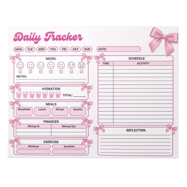 Coquette Pink Bow Daily Tracker Notepad (Front)