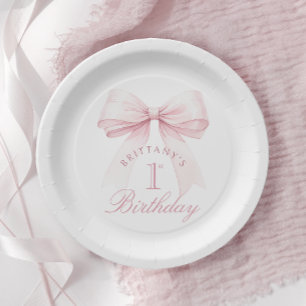 Coquette Pink Bow First Birthday Paper Plate