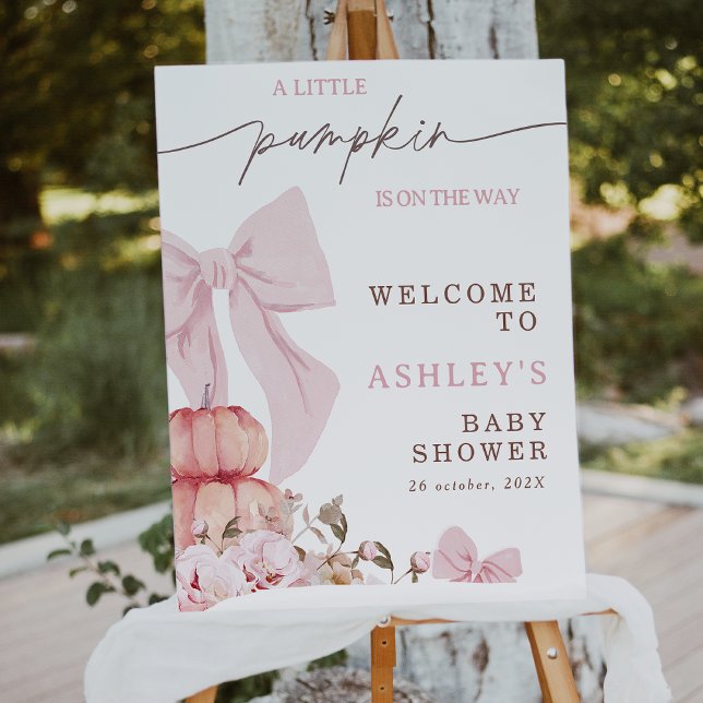 Coquette Pink Bow Floral Baby Shower Welcome Sign (Croquette Little Pumpkin baby Shower Welcome Sign, Fall Baby Shower Welcomes Poster Pink Bow, Floral)