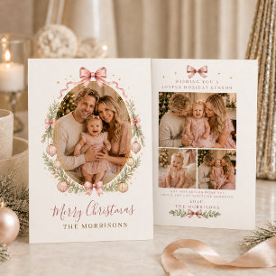 Coquette Pink Bow Four Photo Christmas Family Holiday Card