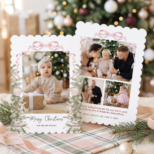 Coquette Pink Bow Four Photo Christmas Family Holiday Card