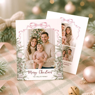 Coquette Pink Bow Four Photo Christmas Holiday Card