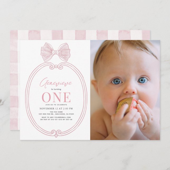 Coquette Pink Bow Frame Girl 1st Birthday Photo Invitation (Front/Back)
