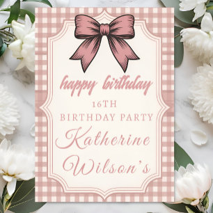 Coquette Pink Bow & Gingham Sweet 16 Card