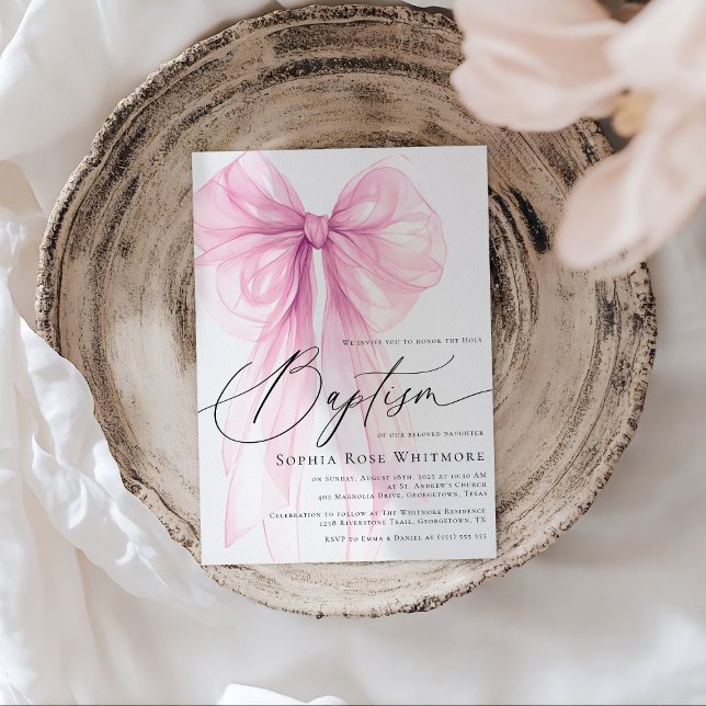 Coquette Pink Bow Girl Baptism Invitation (Creator Uploaded)