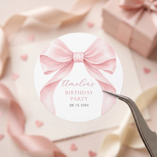 Coquette Pink Bow Girl Birthday Party Classic Round Sticker