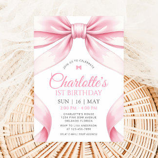  Coquette Pink Bow Girl First Birthday Invitation