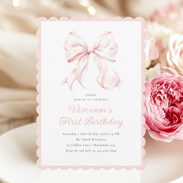 Coquette Pink Bow Girl First Birthday Invitation (Creator Uploaded)