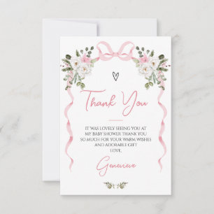 Coquette Pink Bow Girls Winter Floral Baby Shower Thank You Card