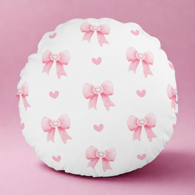 Coquette Pink Bow & Heart Round Cushion (Creator Uploaded)