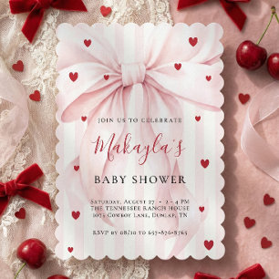 Coquette Pink Bow Hearts Stripes Girl Baby Shower Invitation