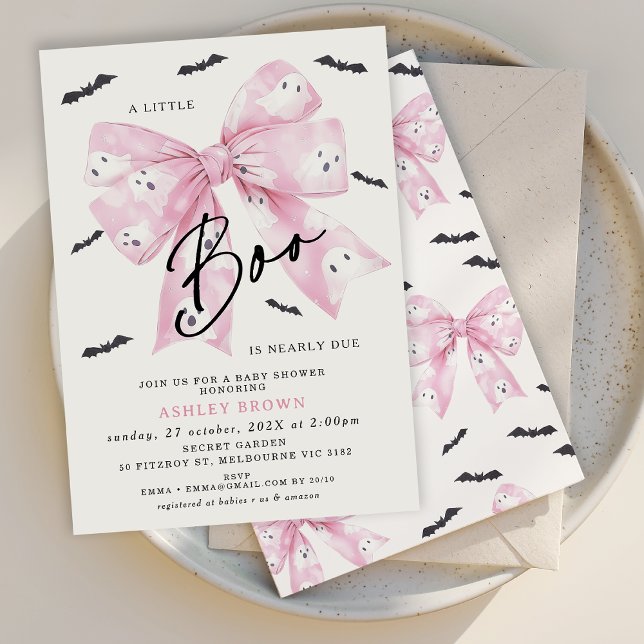 Coquette Pink Bow Little Boo Baby Shower Invitation (Little Boo is Almost Due Baby Shower Invitation, Croquette Halloween Little Boo Baby Shower Invite)