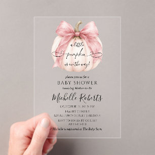 Coquette Pink Bow Little Pumpkin Girl Baby Shower Acrylic Invitations