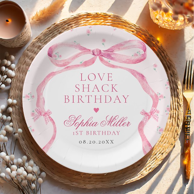 Coquette Pink Bow Love Shack Birthday Paper Plate (Creator Uploaded)