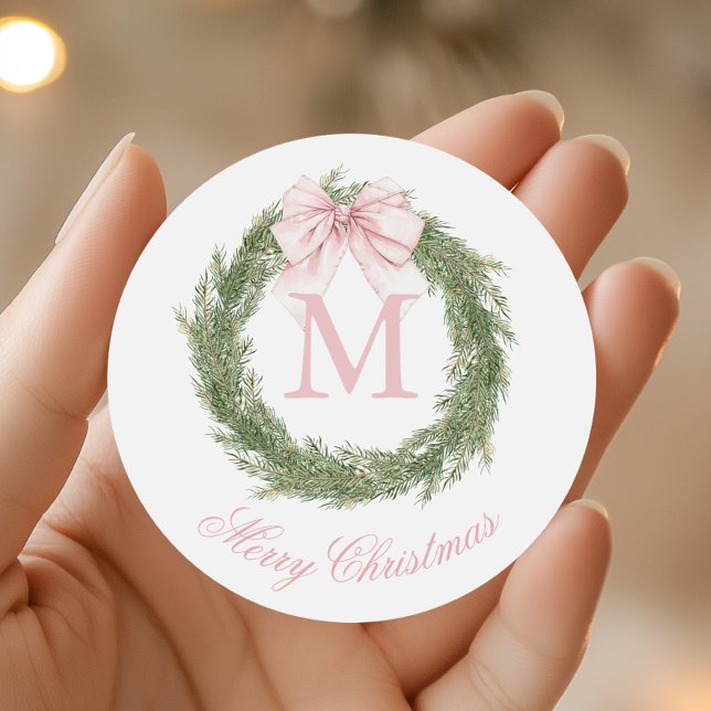 Coquette Pink Bow Monogram Wreath Christmas Classic Round Sticker (Creator Uploaded)