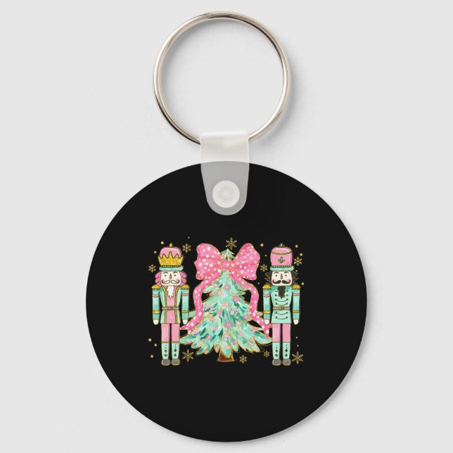 Coquette Pink Bow Nutcracker Christmas Tree Preppy Key Ring (Front)