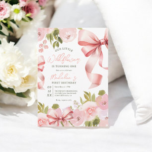 Coquette Pink Bow & Pastel Floral First Birthday Invitation