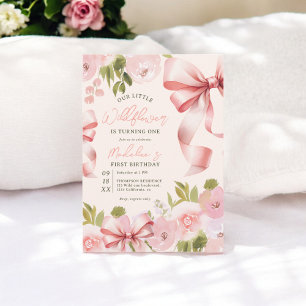 Coquette Pink Bow & Pastel Floral First Birthday Invitation