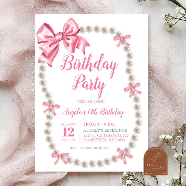 Coquette Pink Bow Pearls Birthday Party Invitation (Creator Uploaded)