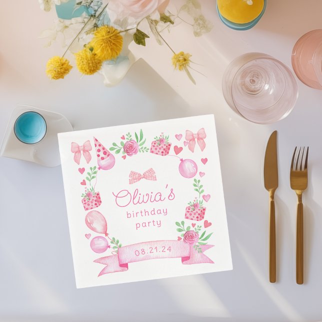 Coquette Pink Bow Preppy Girl Birthday Napkin (cute napkin for preppy pink coquette baby girl birthday parties)