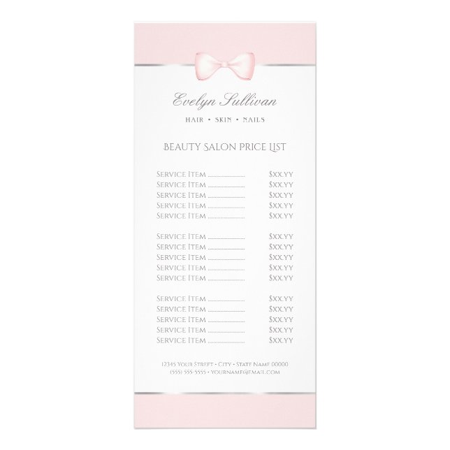 Coquette pink bow price list rack card (Front)