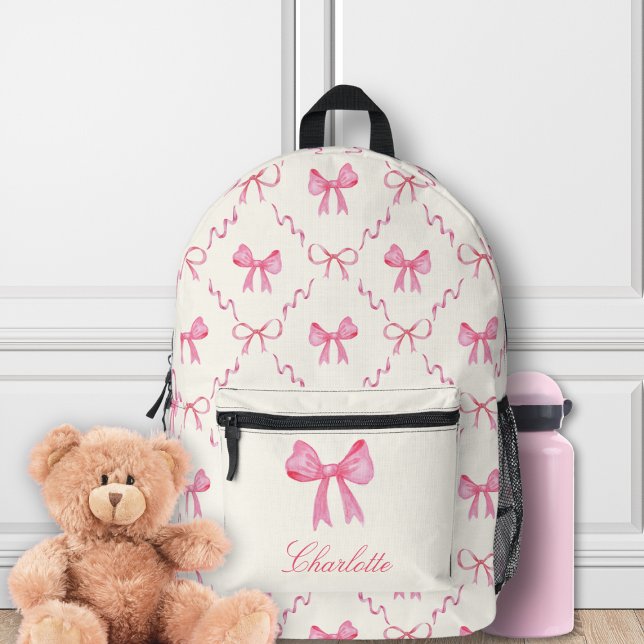 Coquette Pink Bow Printed Backpack (cute sweet pink coquette bows backpack with custom name in girly script for girls for back to school)