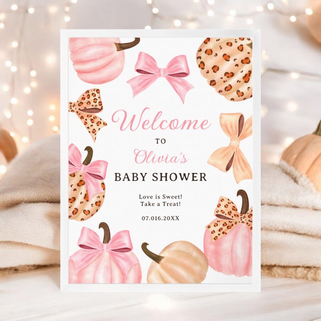 Coquette Pink Bow Pumpkin baby shower welcome Poster (Coquette Pink Bow Pumpkin baby shower welcome Poster)