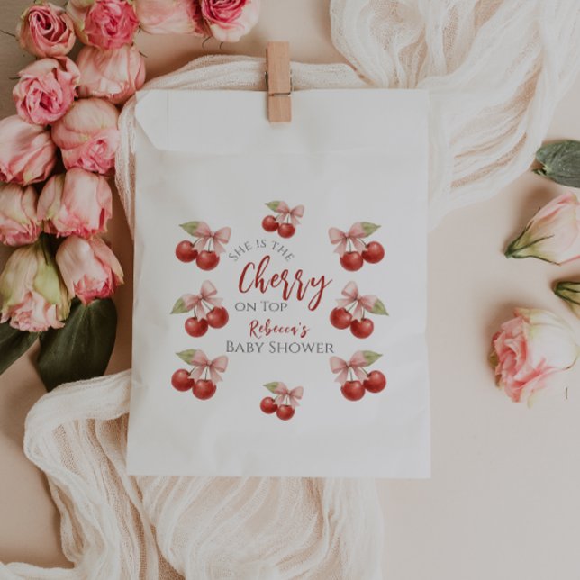 Coquette Pink Bow Red Cherry on Top Baby Shower Favour Bag (Creator Uploaded)