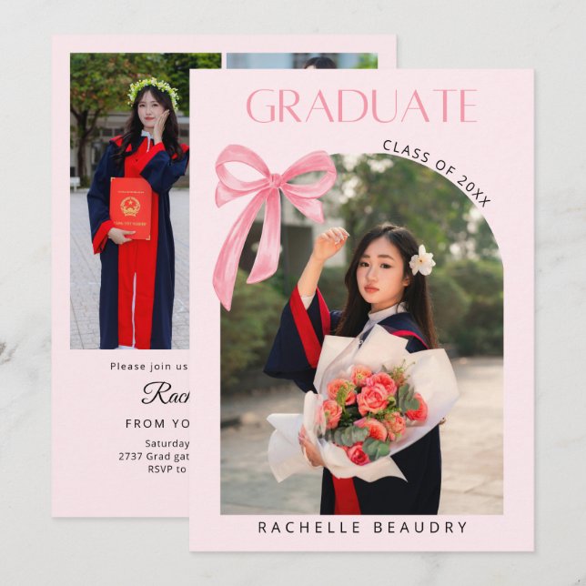 Coquette Pink Bow Ribbon 4 PHOTO Graduation Party Invitation (Front/Back)