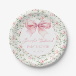 Coquette pink bow ribbon floral baby girl shower paper plate