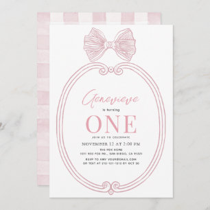 Coquette Pink Bow Ribbon Frame Girl 1st Birthday Invitation