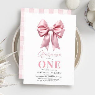 Coquette Pink Bow Ribbon Girl 1st Birthday Invitation