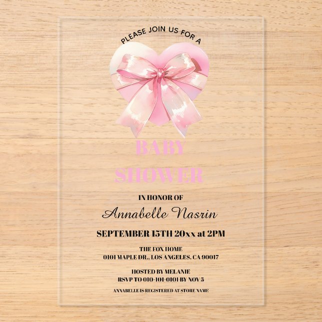 Coquette Pink Bow Ribbon Girl Baby Shower Acrylic Invitations (Front)