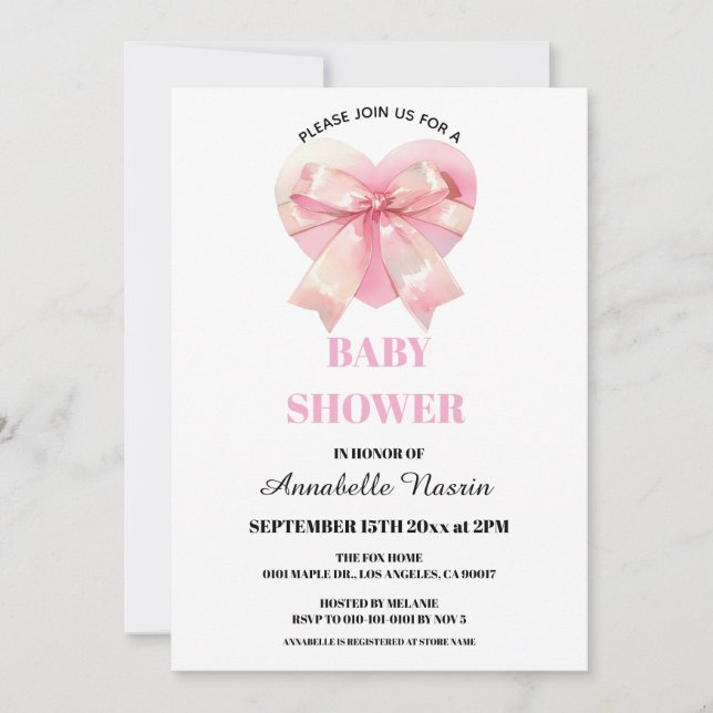 Coquette Pink Bow Ribbon Girl Baby Shower Invitation (Front)