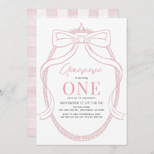 Coquette Pink Bow/Ribbon Tiara Girl 1st Birthday Invitation