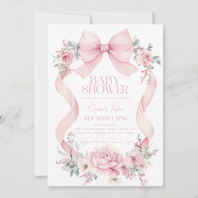 Coquette Pink Bow Roses Flowers Baby Shower Invitation (Front)