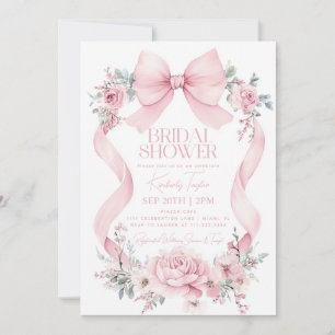 Coquette Pink Bow Roses Flowers Bridal Shower Invitation