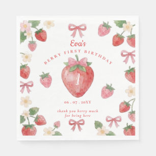 Coquette Pink Bow Strawberry Berry First Birthday Napkin