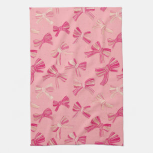 Coquette Pink Bow Stripe Seamless Pattern Tea Towel