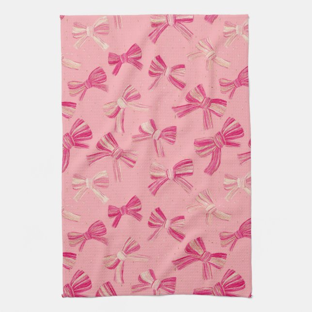 Coquette Pink Bow Stripe Seamless Pattern Tea Towel (Vertical)