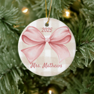 Coquette Pink Bow Teacher Custom Christmas Ceramic Ornament