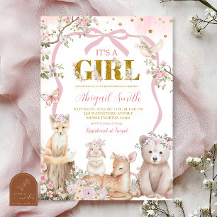 Coquette pink bow woodland animals baby shower invitation