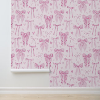 Coquette Pink Bows and Hearts on Soft Pink Wallpaper