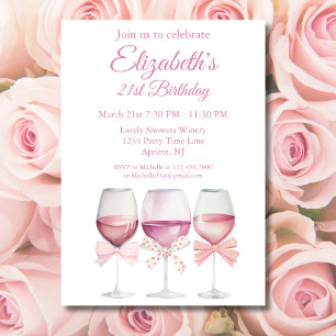 Coquette Pink Bows and Wine 21st Birthday Invitation