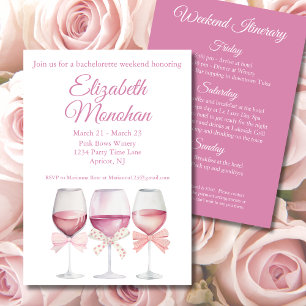 Coquette Pink Bows and Wine Bachelorette Weekend Invitation